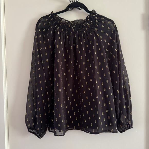Talbots Smocked Blouse Black Metallic Clip Dot Keyhole Back Long Sleeve Sz M - Picture 1 of 8